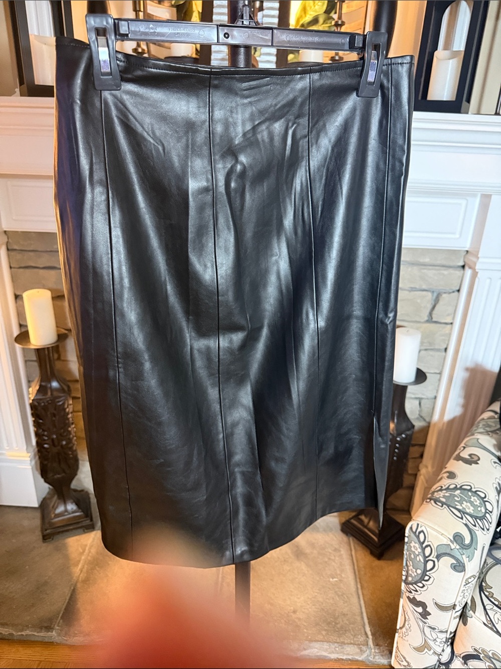 Tahari Black Leather Midi Skirt